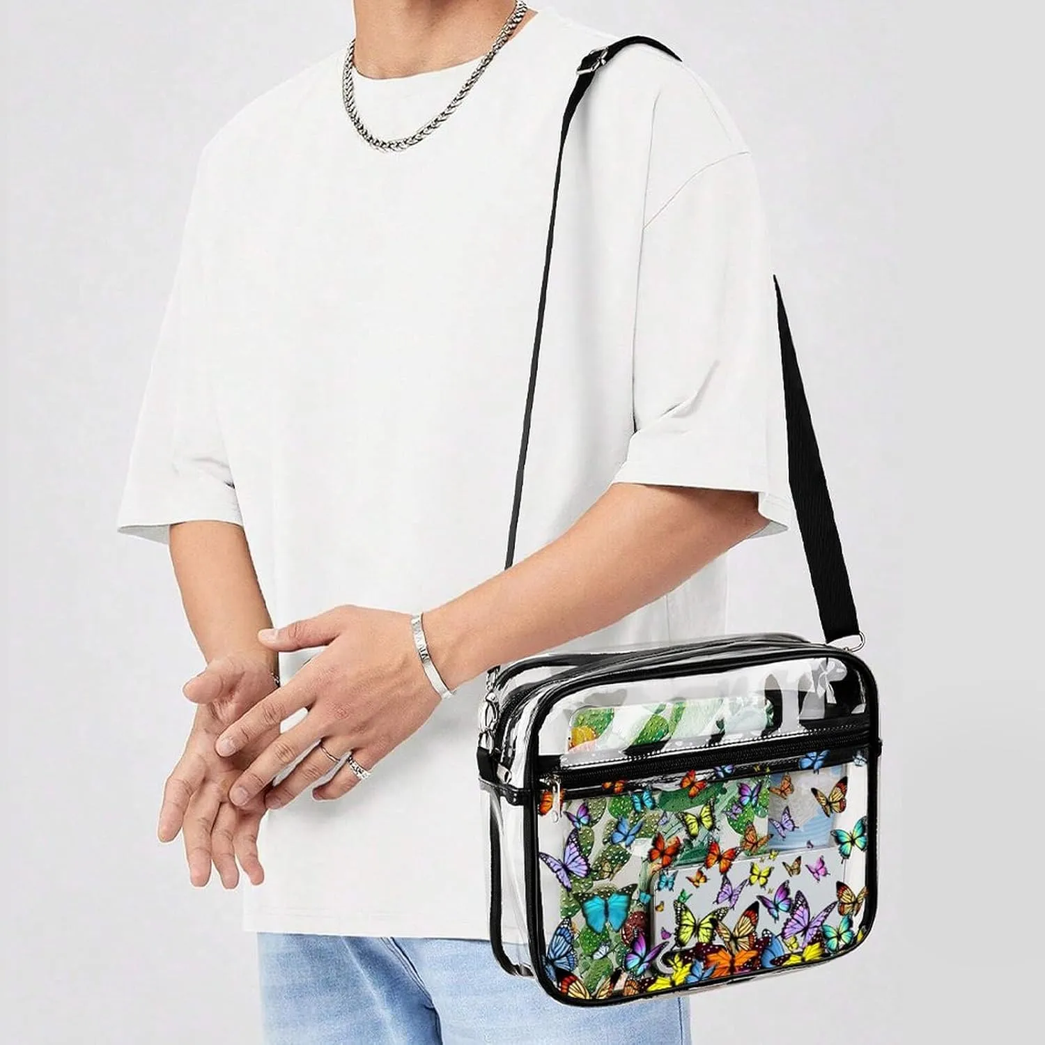 Stylish Butterfly Clear Crossbody Bag - PVC Butterflies Transparent Messenger Bag for Work, Travel and Daily Use