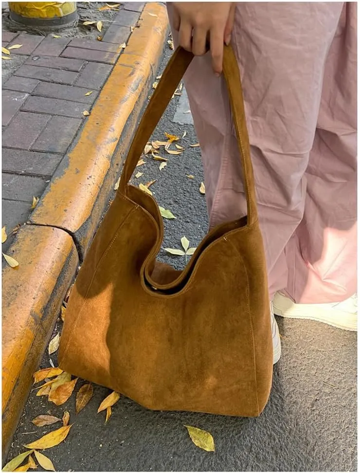 Suede Tote Bag for Women Large Shoulder Bag Carryall Bag Retro Purse Trendy Handbag for Work Library Travel