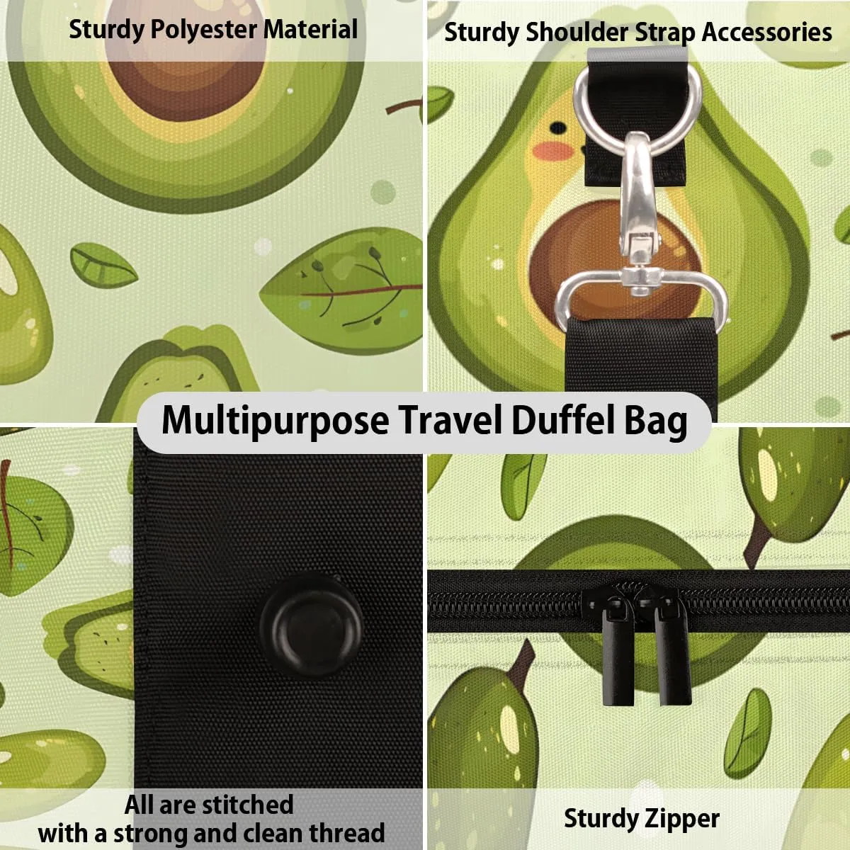 Summer Cute Avocado Travel Duffle Bag for Women Men Gym Duffel Foldable Bag Waterproof Weekender Funny Green Duffle Tote