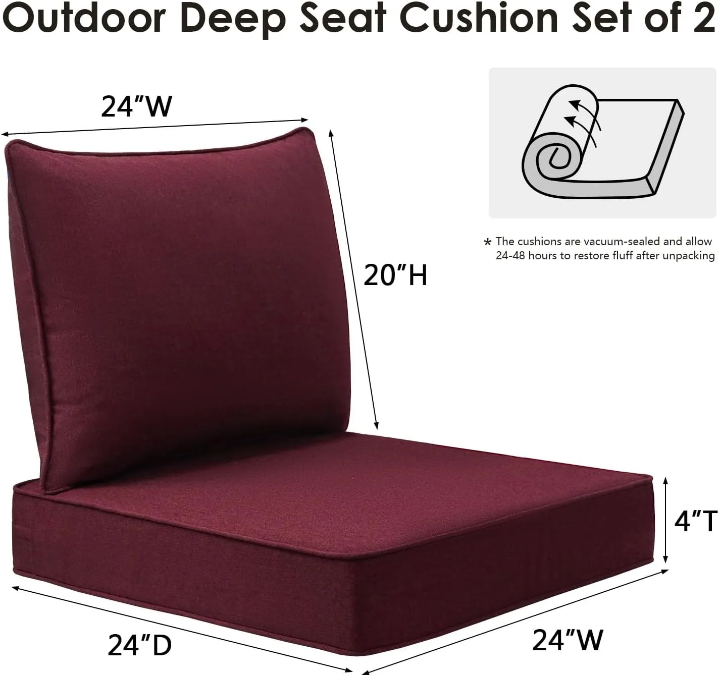 Sunbrella Outdoor Patio Chair Cushions Set, 24" x 24", Set of 2, Water-Repellent, Fade Resistant, Deep Seat Cushion for Backyard, Couch, Sofa and Patio Furniture, Spectrum Ruby