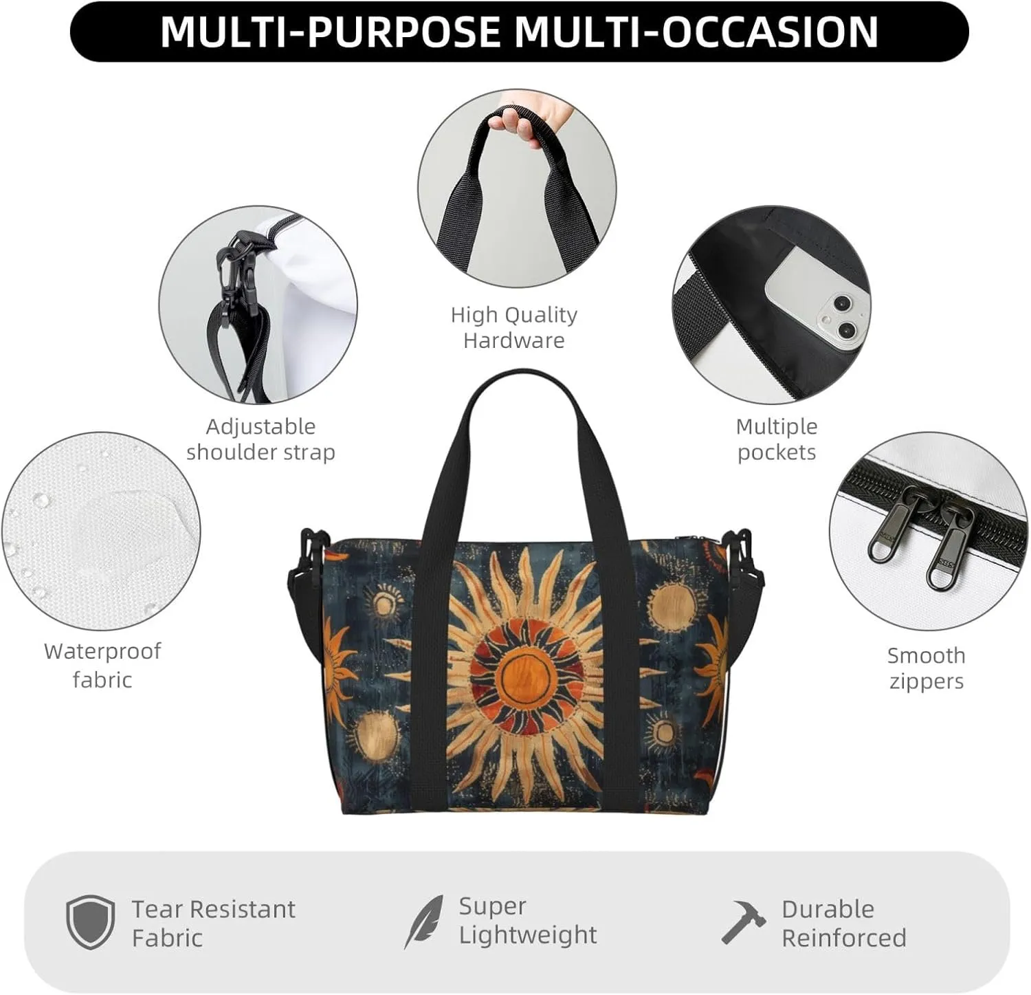 sunburst designs black print Travel Duffel Bag, Sports Tote Gym Bag, Swim Pool Bag Large Shoulder Tote Bag for Beach Weekender