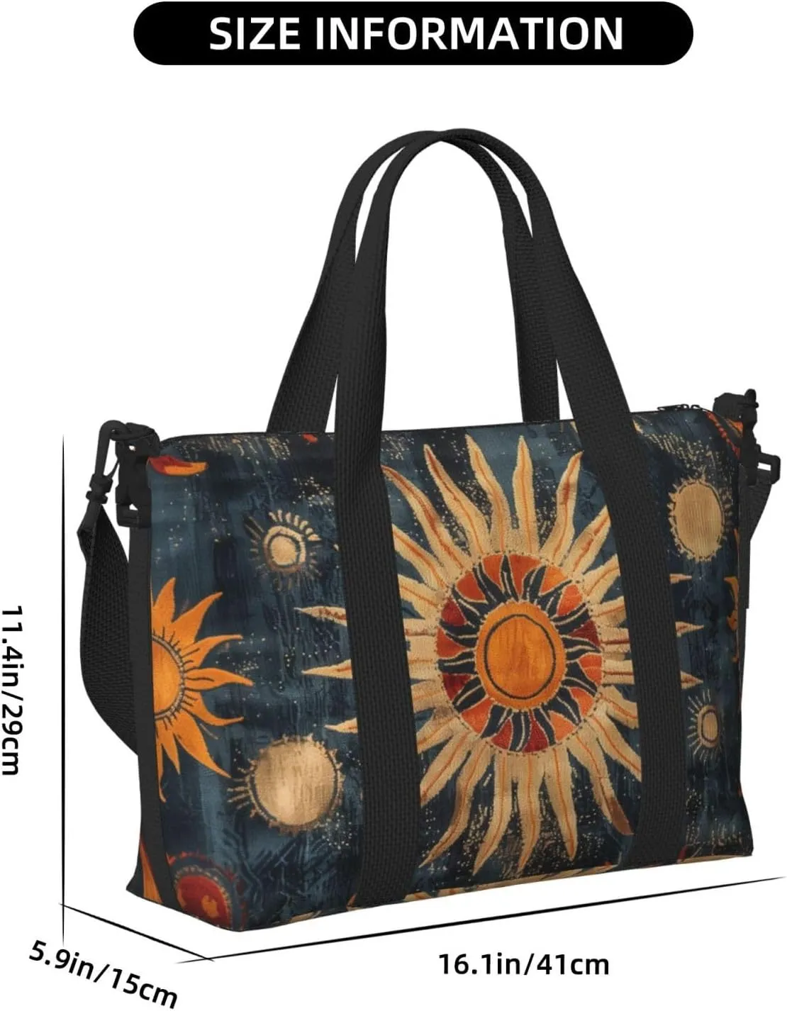 sunburst designs black print Travel Duffel Bag, Sports Tote Gym Bag, Swim Pool Bag Large Shoulder Tote Bag for Beach Weekender