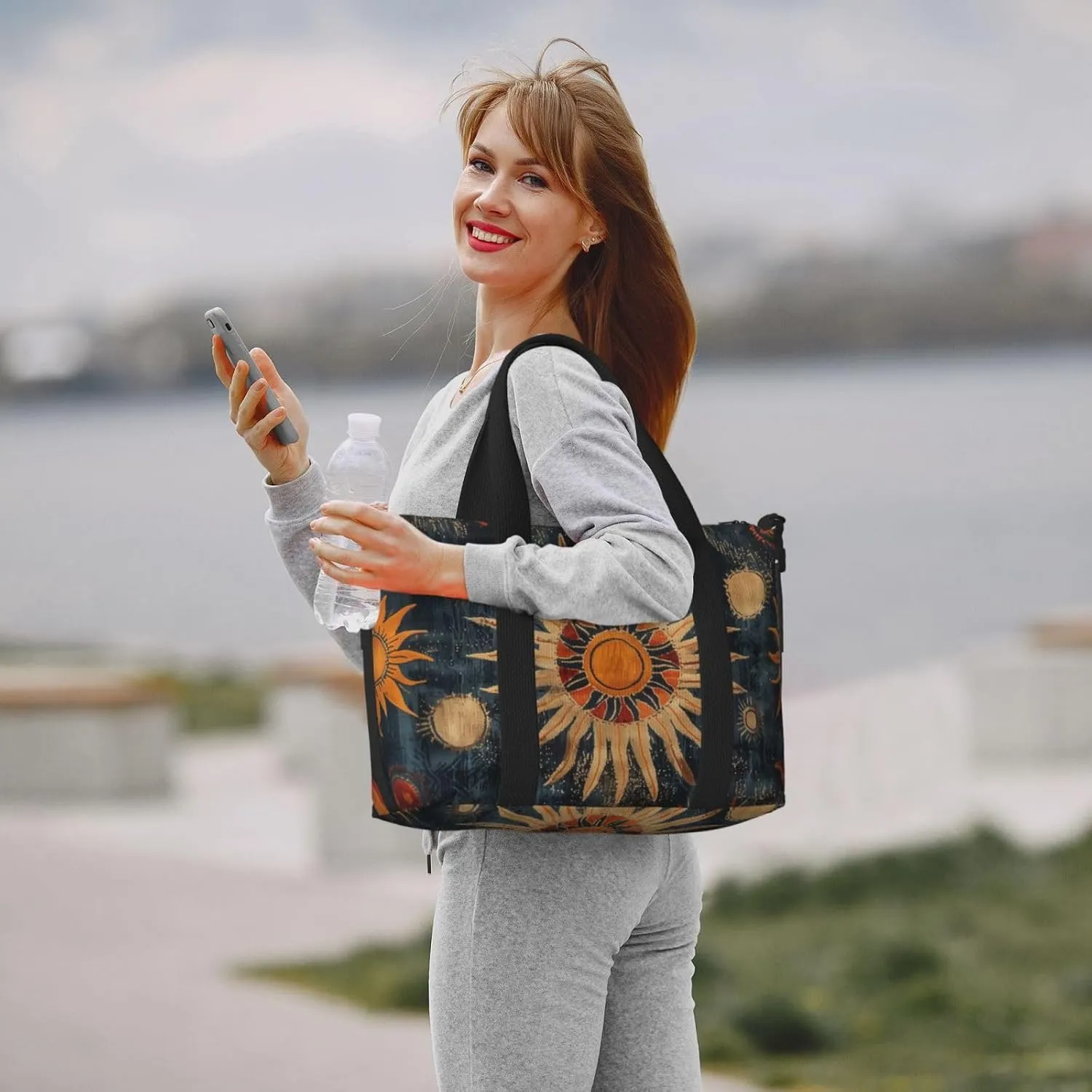 sunburst designs black print Travel Duffel Bag, Sports Tote Gym Bag, Swim Pool Bag Large Shoulder Tote Bag for Beach Weekender