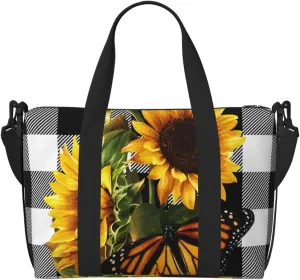 Sunflower Butterfly Buffalo Travel Bag, Vintage Plaid Weekender Overnight Bag, Shoulder Travel Duffel Bag Carry On Gym Bag for Women Men