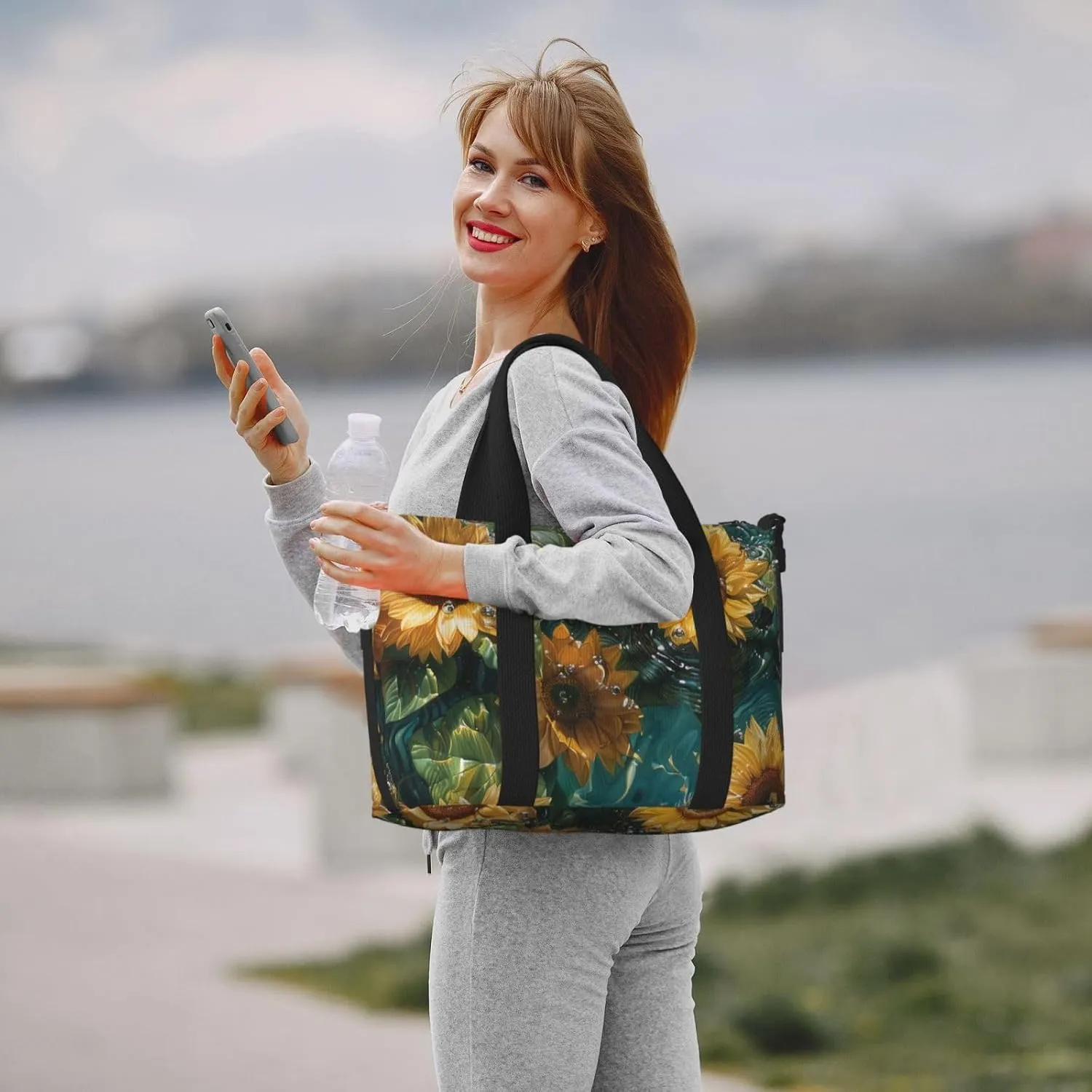 sunflowers floating on the water print Travel Duffel Bag, Sports Tote Gym Bag, Swim Pool Bag Large Shoulder Tote Bag for Beach Weekender