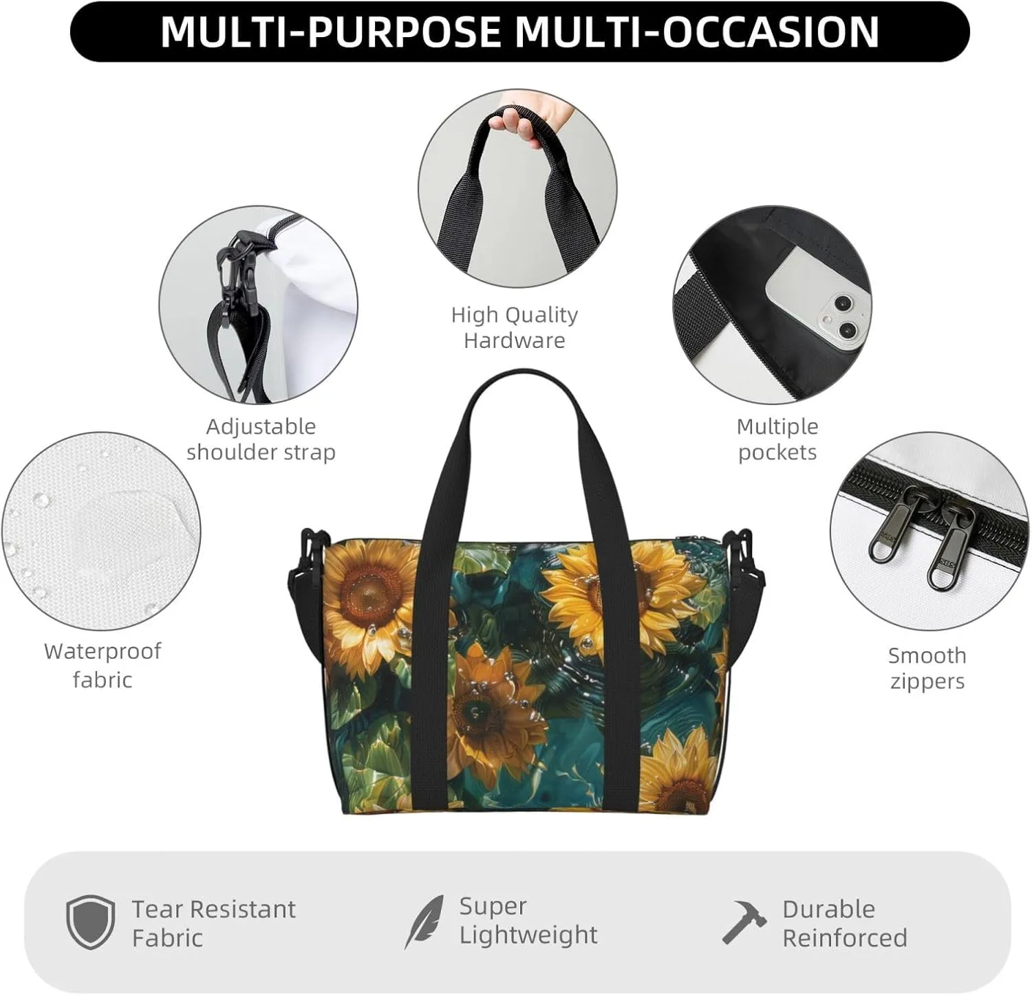 sunflowers floating on the water print Travel Duffel Bag, Sports Tote Gym Bag, Swim Pool Bag Large Shoulder Tote Bag for Beach Weekender