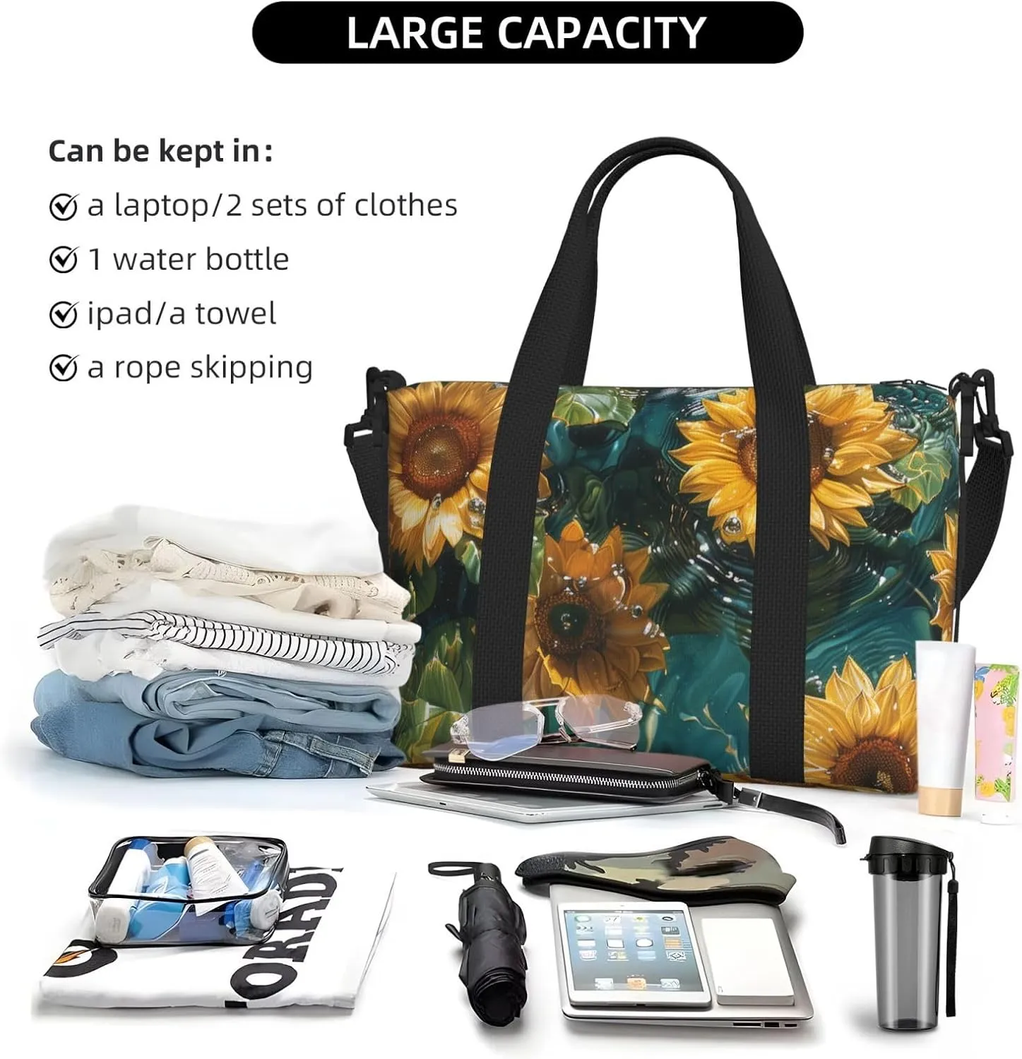sunflowers floating on the water print Travel Duffel Bag, Sports Tote Gym Bag, Swim Pool Bag Large Shoulder Tote Bag for Beach Weekender