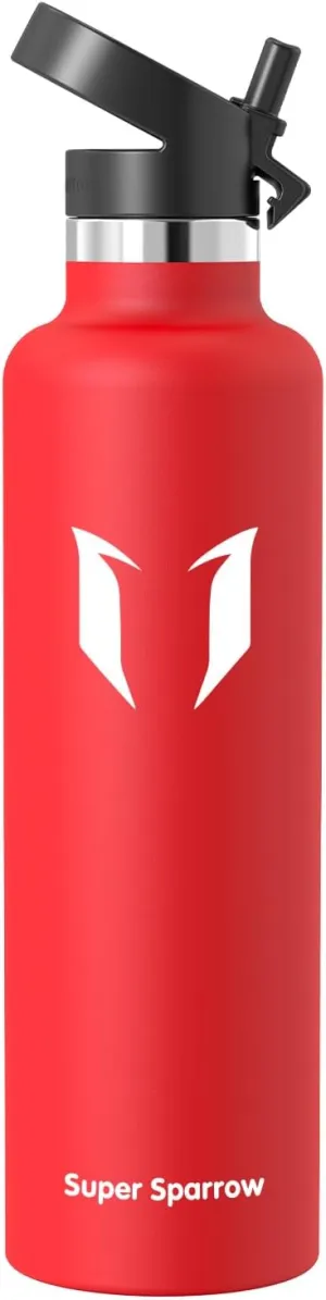 Super Sparrow Water Bottle Insulated - 17 Oz / 25 Oz / 32 Oz - Standard Mouth FlipFlow Flask - BPA Free, Leak Proof Drink Bottle- Ergonomic Straw Water Bottle for Work, Gym, Travel, Sports, Outdoor