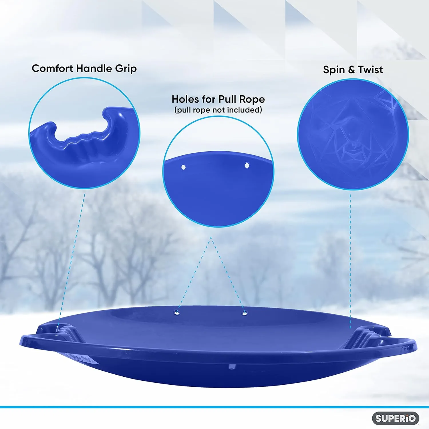 Superio Round Snow Saucer Sled- 24" Plastic Disc Sled for Kids and Adults- Heavy Duty Sled with Handles for Downhill Sledding, Winter Outdoor Sports