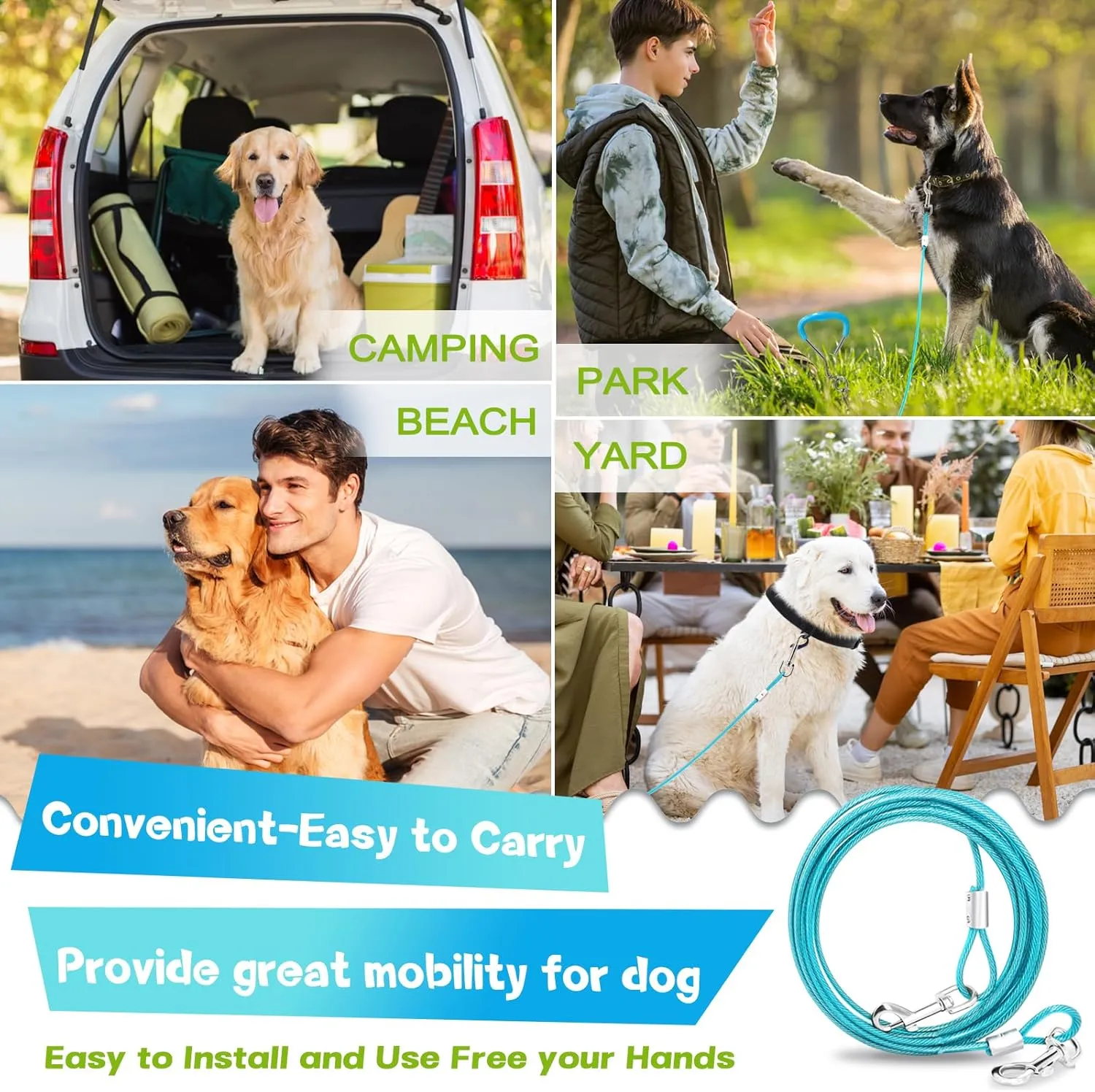 Supet Dog Tie Out Cable and Stake 32/16/10 ft Outdoor, Yard and Camping, for Medium to Large Dogs Up to 125 lbs, 16" Stake, 32/16/10 ft Cable with Durable Spring and Metal Hooks for Outdoor
