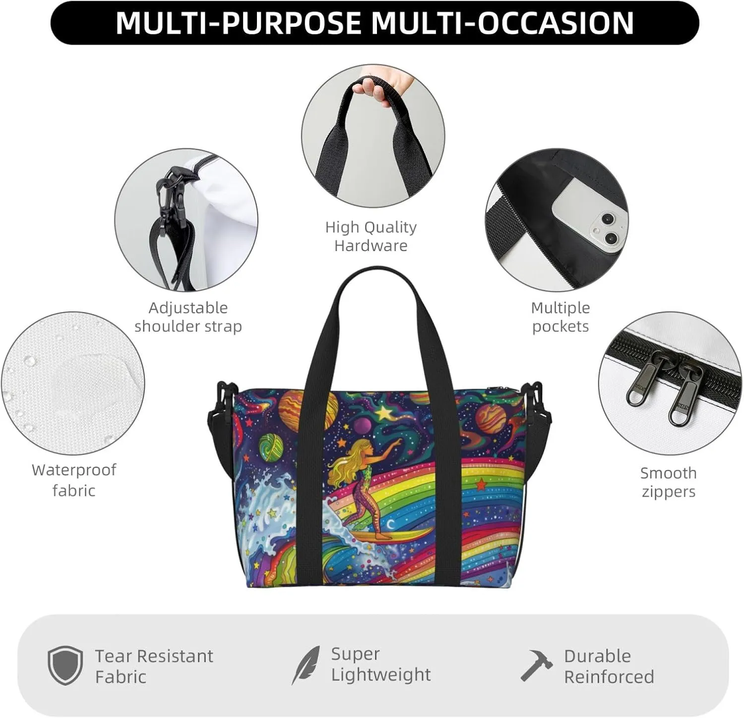 surfing on rainbows print Travel Duffel Bag, Sports Tote Gym Bag, Swim Pool Bag Large Shoulder Tote Bag for Beach Weekender, 202-406-121
