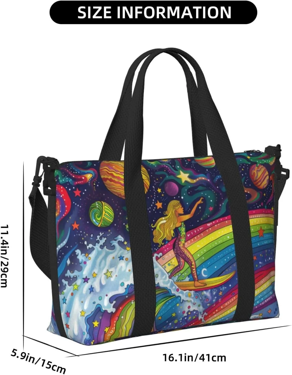 surfing on rainbows print Travel Duffel Bag, Sports Tote Gym Bag, Swim Pool Bag Large Shoulder Tote Bag for Beach Weekender, 202-406-121