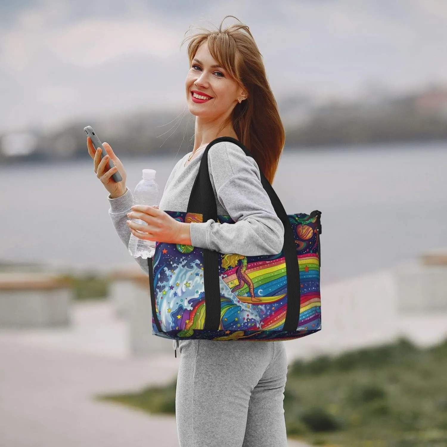surfing on rainbows print Travel Duffel Bag, Sports Tote Gym Bag, Swim Pool Bag Large Shoulder Tote Bag for Beach Weekender, 202-406-121