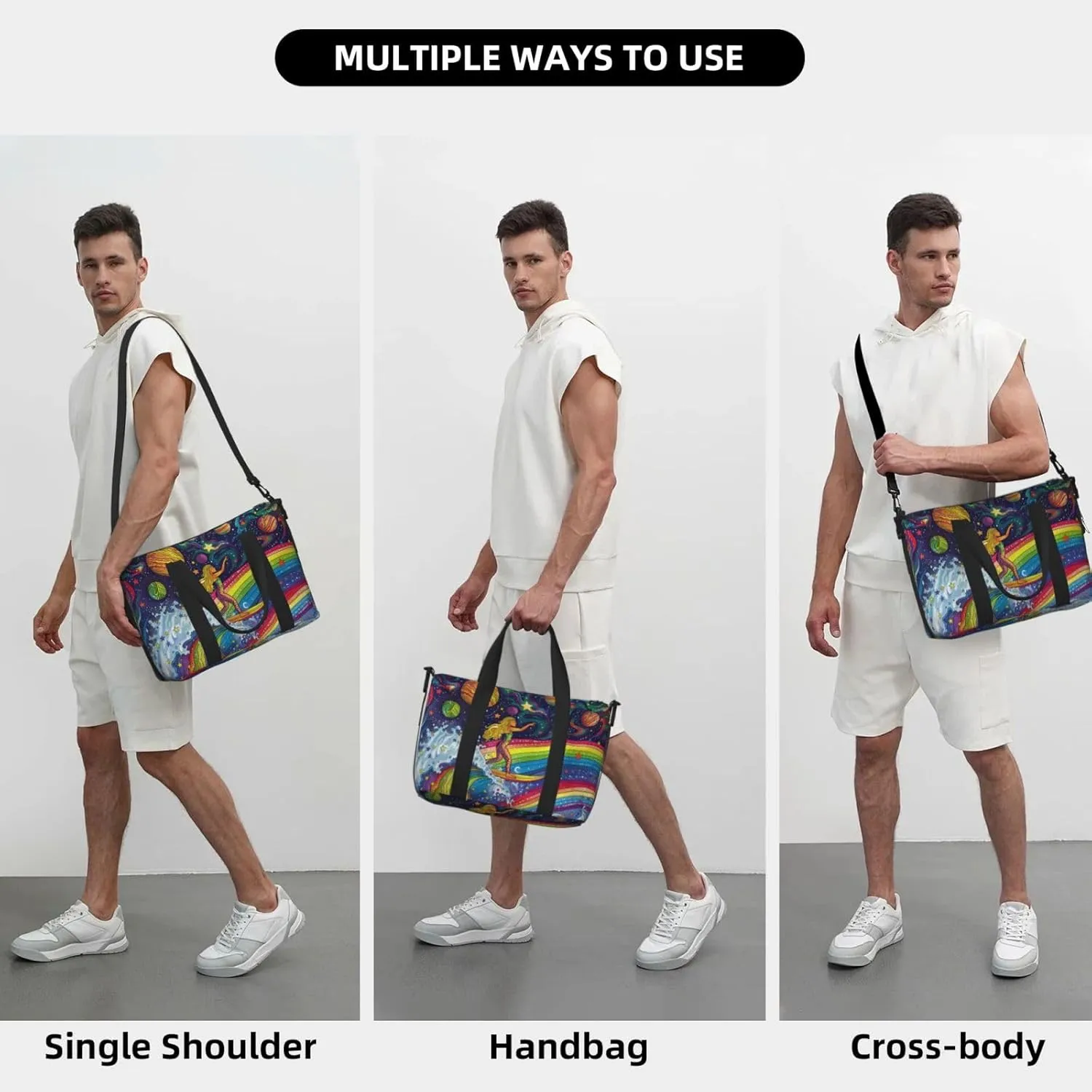 surfing on rainbows print Travel Duffel Bag, Sports Tote Gym Bag, Swim Pool Bag Large Shoulder Tote Bag for Beach Weekender, 202-406-121