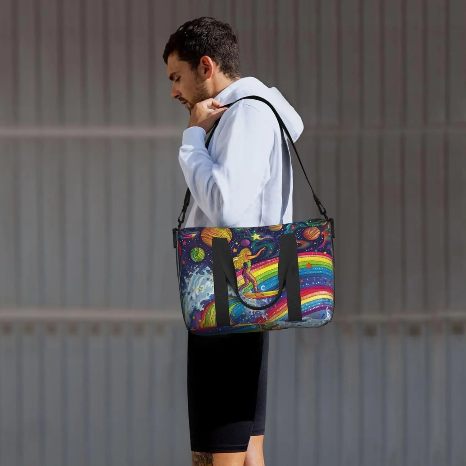 surfing on rainbows print Travel Duffel Bag, Sports Tote Gym Bag, Swim Pool Bag Large Shoulder Tote Bag for Beach Weekender, 202-406-121