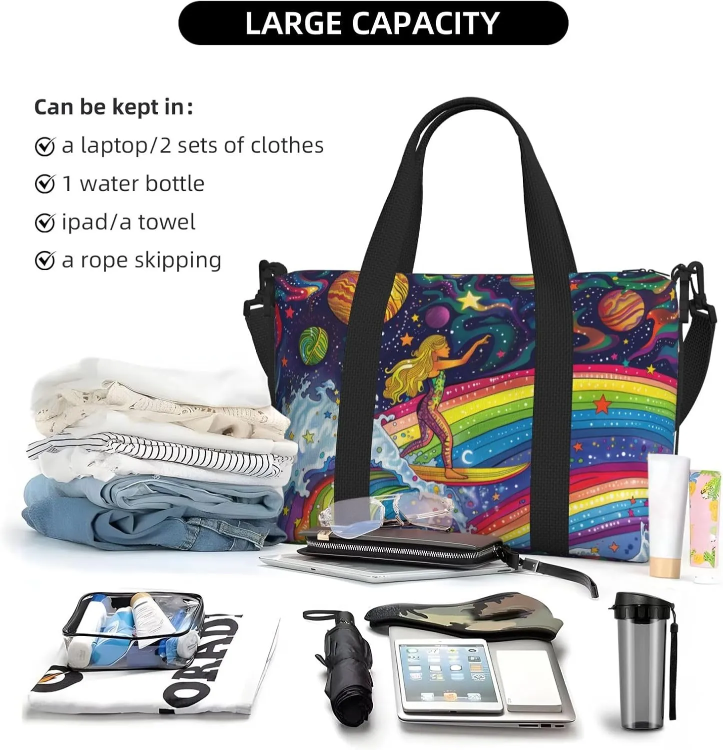 surfing on rainbows print Travel Duffel Bag, Sports Tote Gym Bag, Swim Pool Bag Large Shoulder Tote Bag for Beach Weekender, 202-406-121