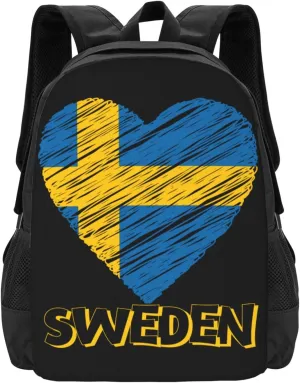 Swedish Sweden Flag Heart Travel Backpack Casual Backpacks 15 Inch Laptop Back Pack Lightweight Rucksack Outdoor Sport Daypack Large Bags for Working Camping Hiking