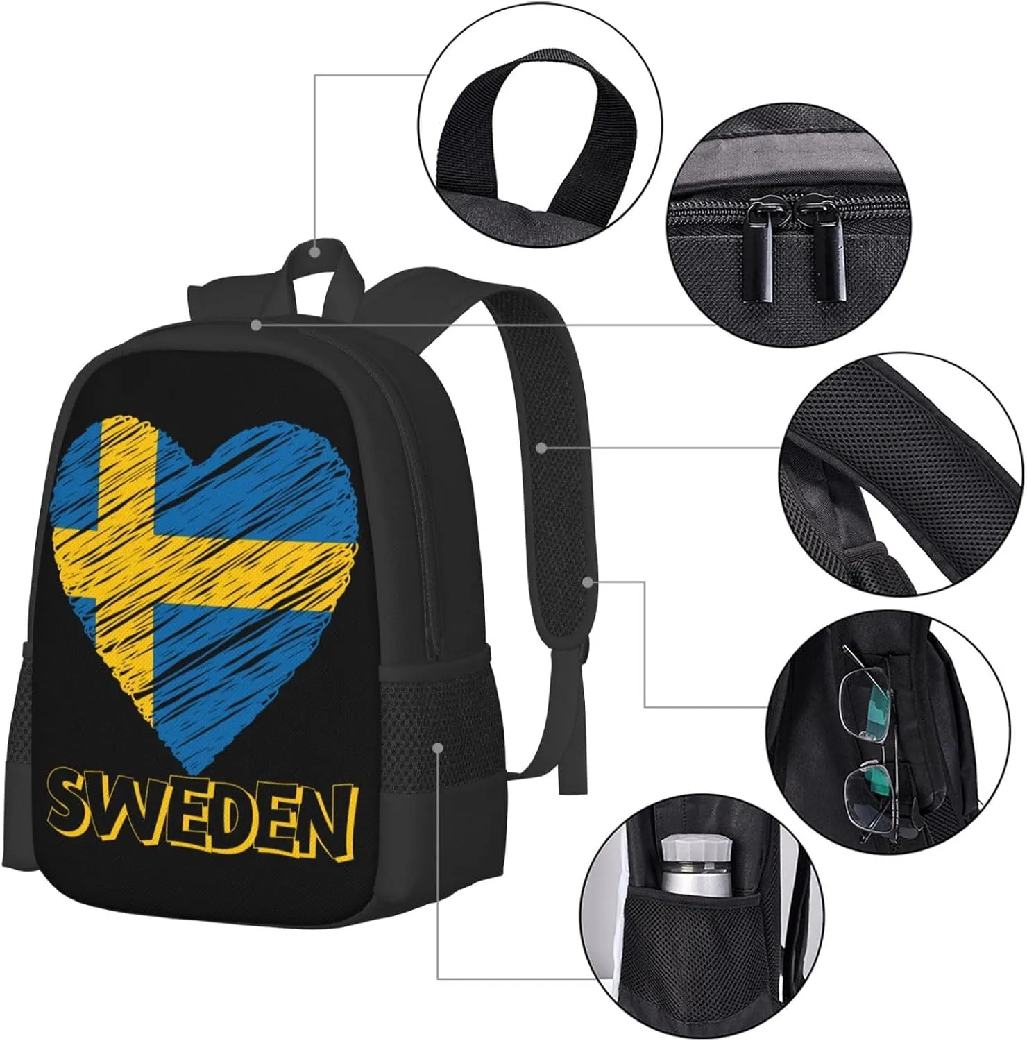 Swedish Sweden Flag Heart Travel Backpack Casual Backpacks 15 Inch Laptop Back Pack Lightweight Rucksack Outdoor Sport Daypack Large Bags for Working Camping Hiking