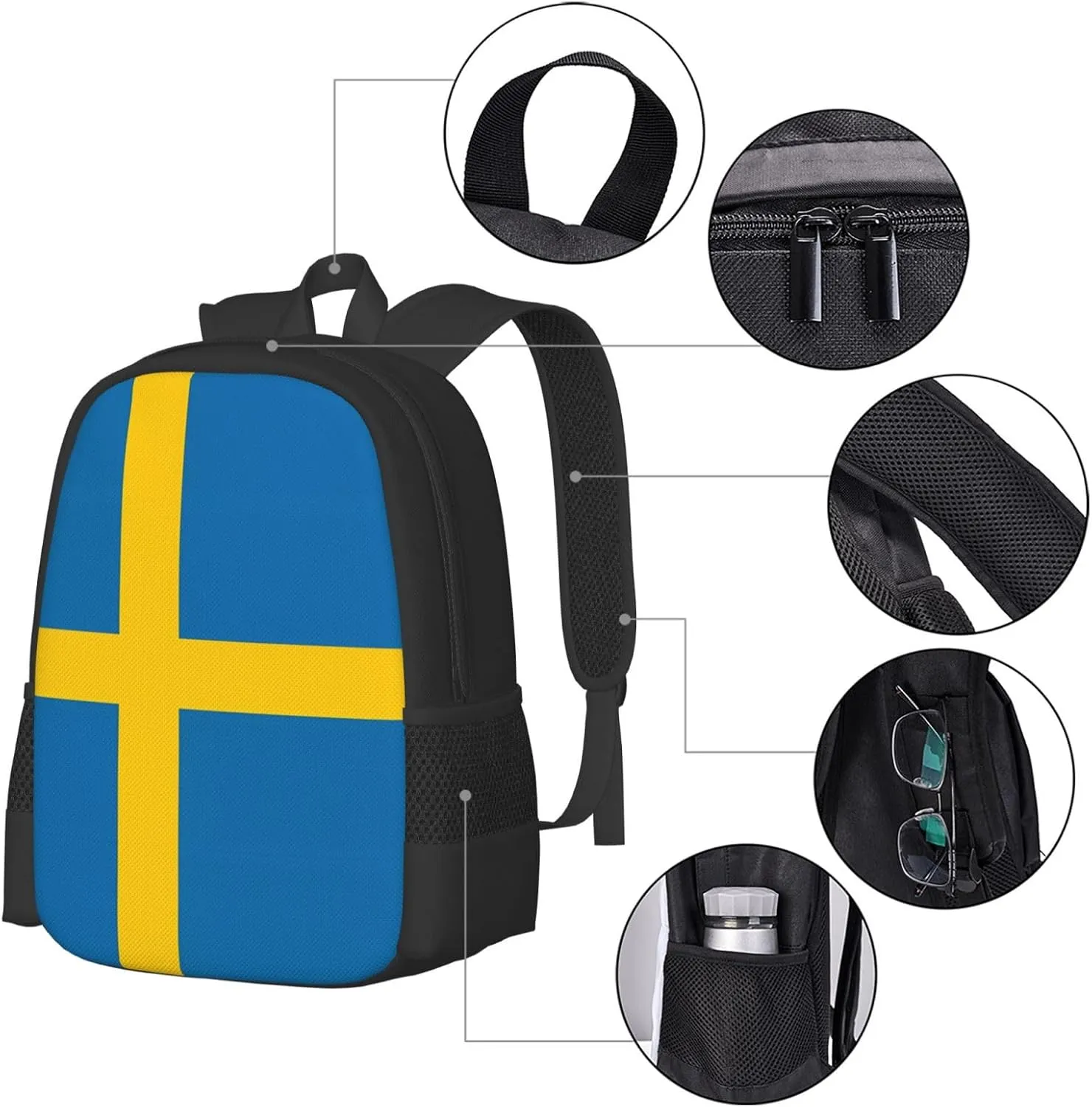 Swedish Sweden Flag Travel Backpack Casual Backpacks 15 Inch Laptop Back Pack Lightweight Rucksack Outdoor Sport Daypack Large Bags for Working Camping Hiking