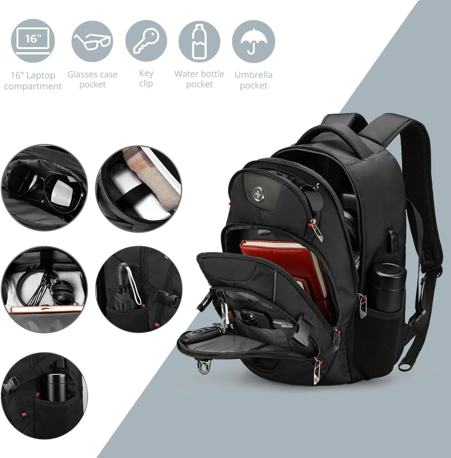 Swissdigital Design Business Laptop Backpack with Smart USB Charging Port Travel Backpack Fits 15.6 inches Laptops,Water Repellent College Backpack for Men Women, Black | SD803