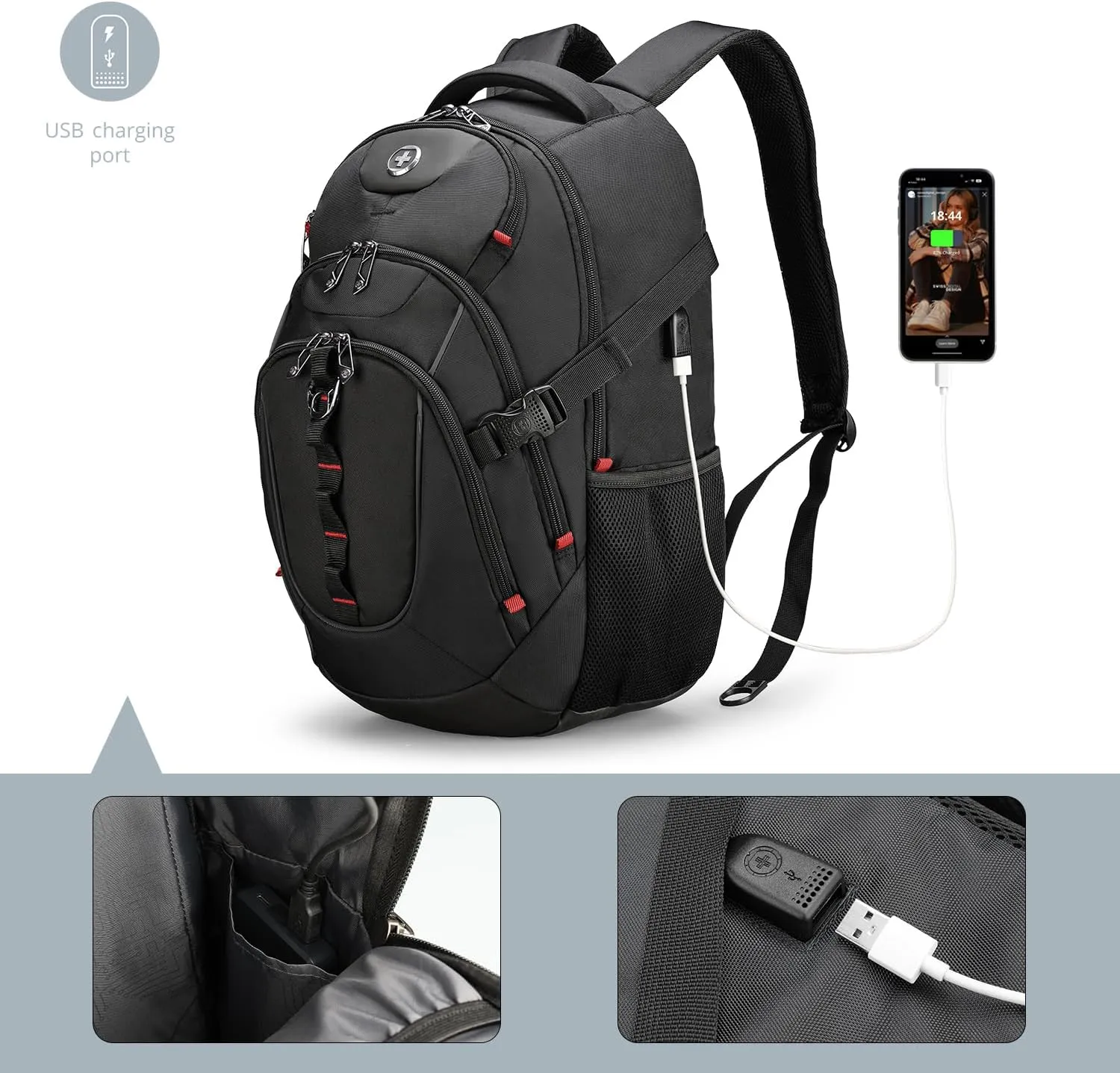 Swissdigital Design Business Laptop Backpack with Smart USB Charging Port Travel Backpack Fits 15.6 inches Laptops,Water Repellent College Backpack for Men Women, Black | SD803