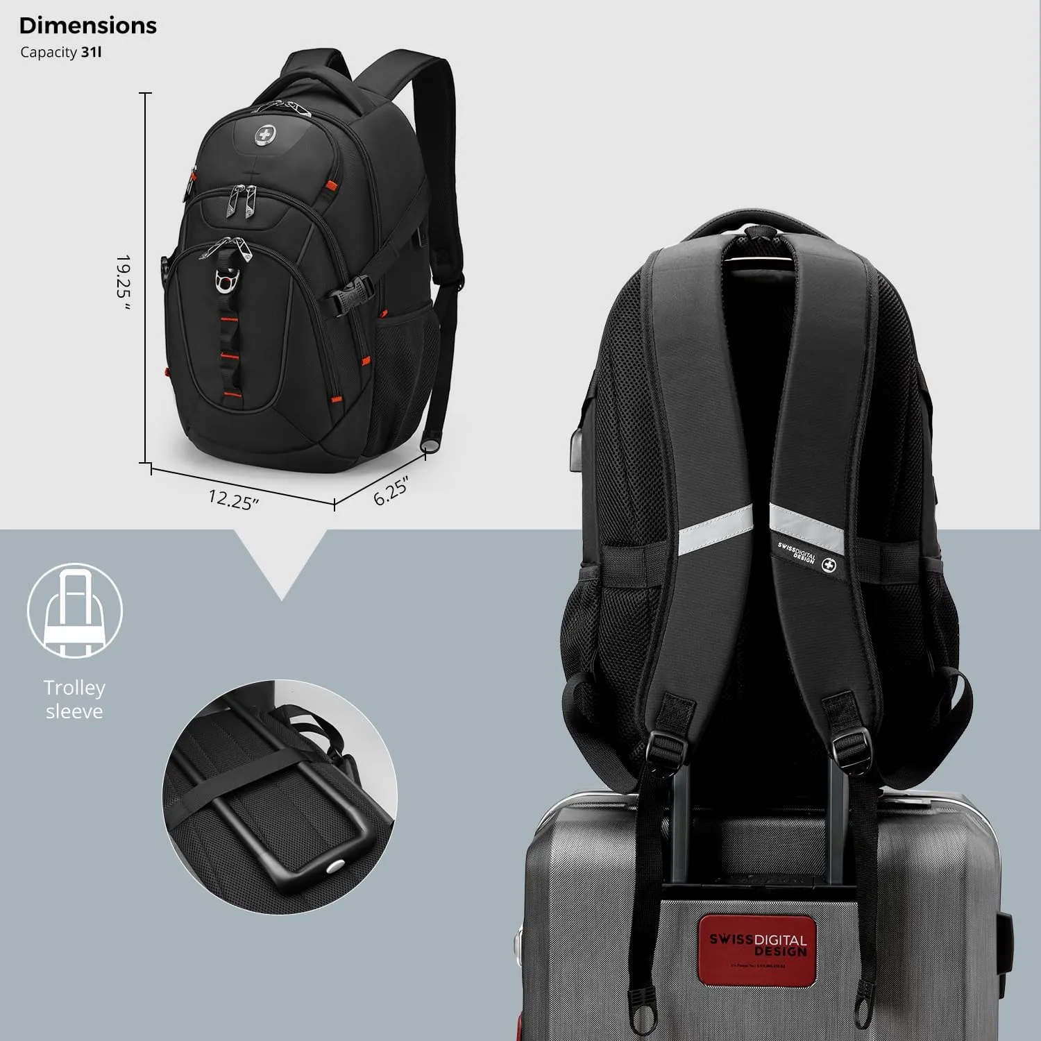 Swissdigital Design Business Laptop Backpack with Smart USB Charging Port Travel Backpack Fits 15.6 inches Laptops,Water Repellent College Backpack for Men Women, Black | SD803