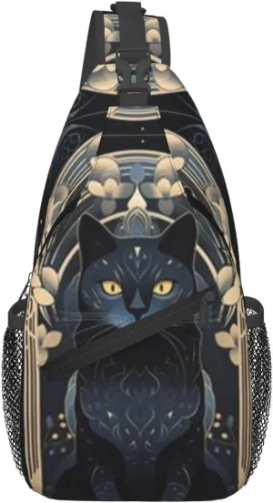 T-arot Card Moon Black Cat Crossbody Bag, Chest Crossbody Bag, Men's Casual Crossbody Chest Bag, Hiking Backpack Black