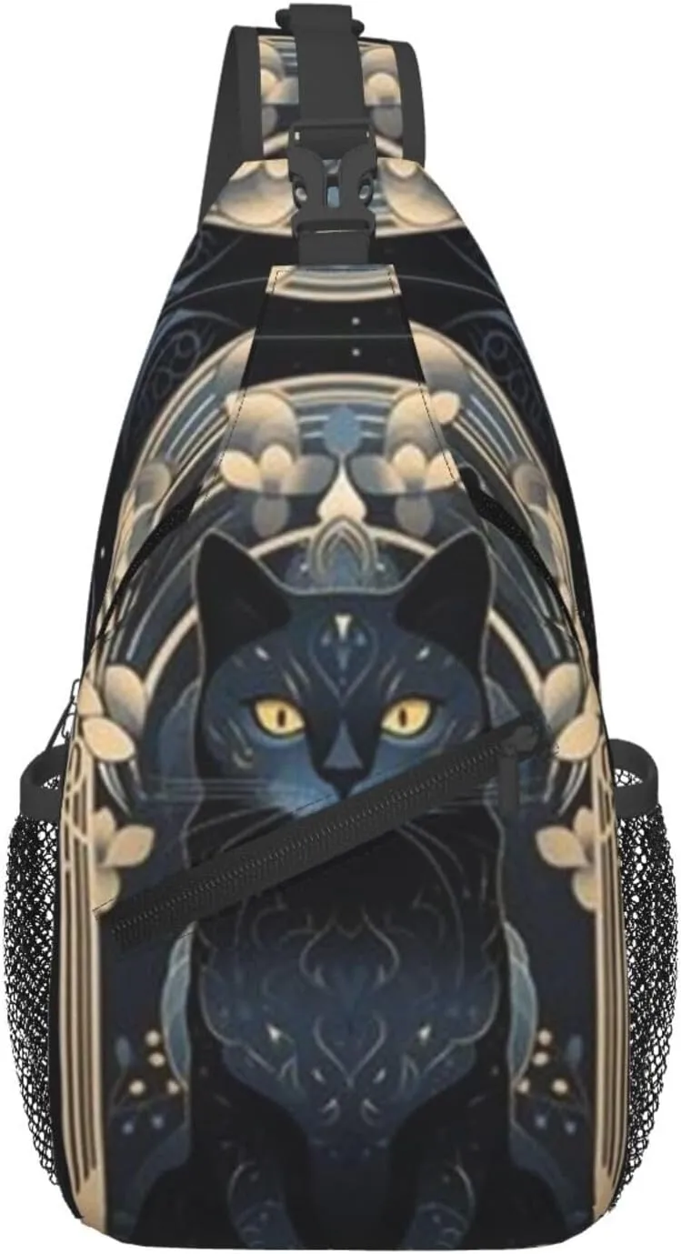 T-arot Card Moon Black Cat Crossbody Bag, Chest Crossbody Bag, Men's Casual Crossbody Chest Bag, Hiking Backpack Black