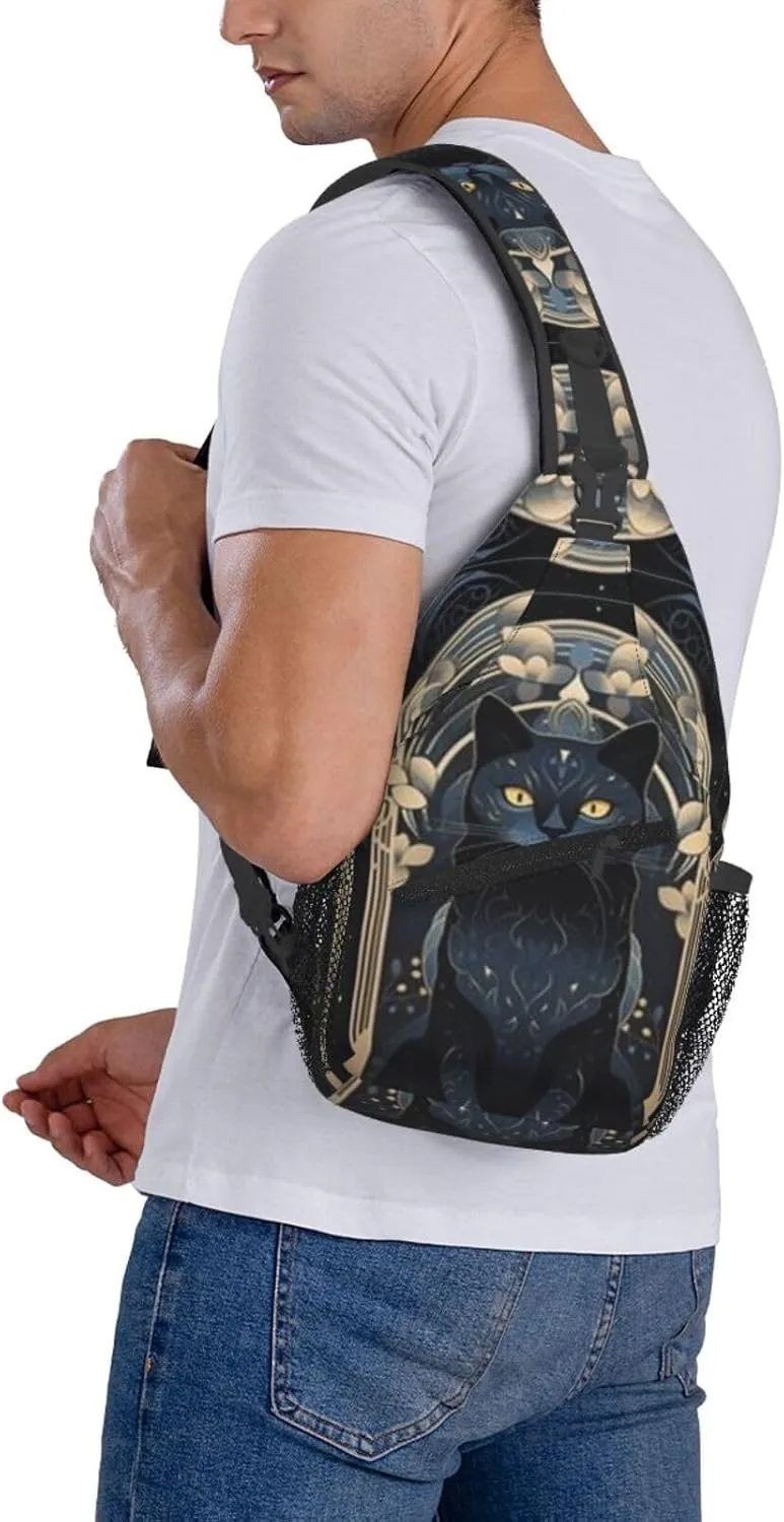 T-arot Card Moon Black Cat Crossbody Bag, Chest Crossbody Bag, Men's Casual Crossbody Chest Bag, Hiking Backpack Black