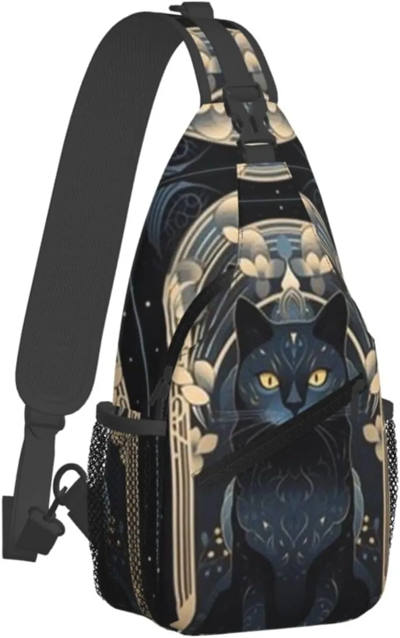 T-arot Card Moon Black Cat Crossbody Bag, Chest Crossbody Bag, Men's Casual Crossbody Chest Bag, Hiking Backpack Black