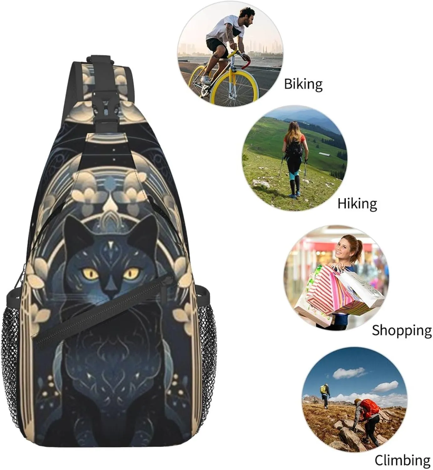 T-arot Card Moon Black Cat Crossbody Bag, Chest Crossbody Bag, Men's Casual Crossbody Chest Bag, Hiking Backpack Black