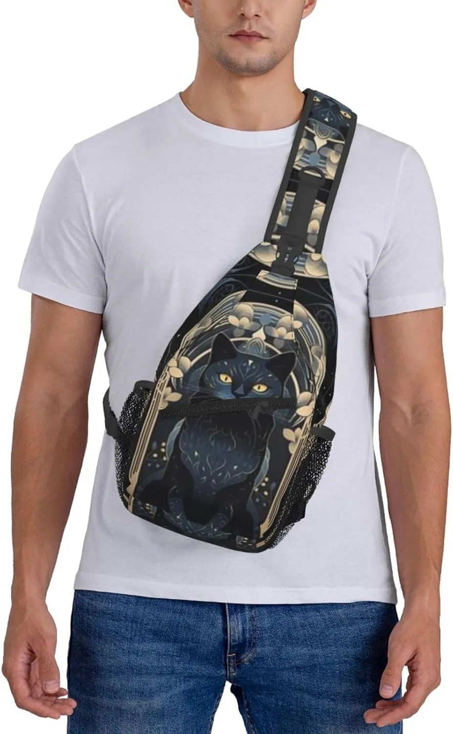 T-arot Card Moon Black Cat Crossbody Bag, Chest Crossbody Bag, Men's Casual Crossbody Chest Bag, Hiking Backpack Black