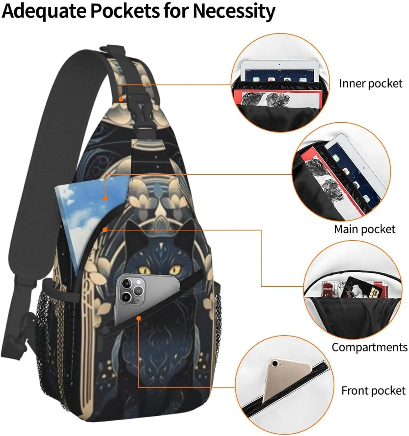 T-arot Card Moon Black Cat Crossbody Bag, Chest Crossbody Bag, Men's Casual Crossbody Chest Bag, Hiking Backpack Black