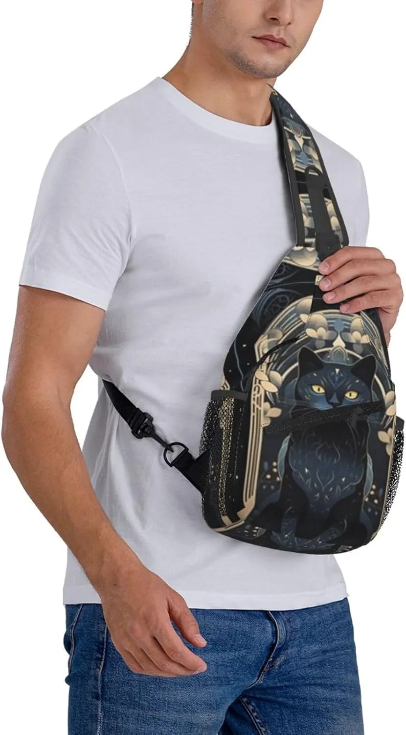 T-arot Card Moon Black Cat Crossbody Bag, Chest Crossbody Bag, Men's Casual Crossbody Chest Bag, Hiking Backpack Black