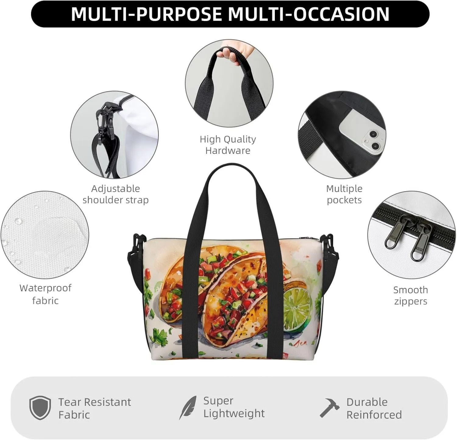 Taco print Travel Duffel Bag, Sports Tote Gym Bag, Swim Pool Bag Large Shoulder Tote Bag for Beach Weekender