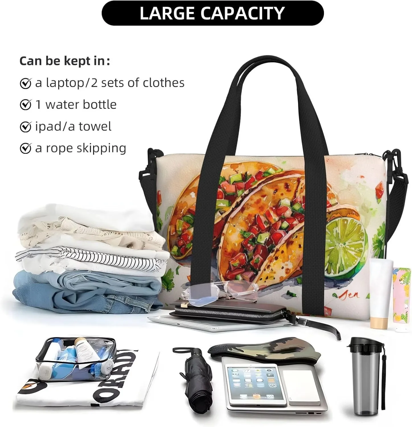 Taco print Travel Duffel Bag, Sports Tote Gym Bag, Swim Pool Bag Large Shoulder Tote Bag for Beach Weekender