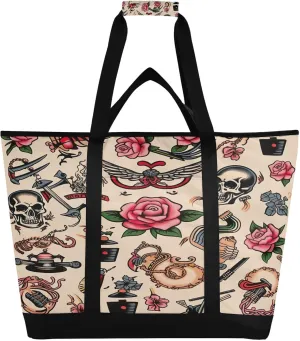 Tattoo Print Reusable Insulated Lunchbox Cooler Bag, Leakproof Kitchen Grocery Bag Collapsible Portable Cooler Tote Bag for Picnic, Camping, Office, Travel
