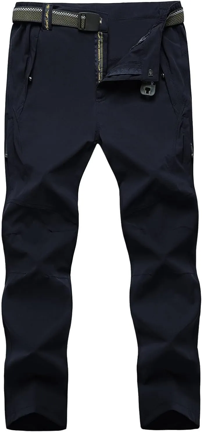 TBMPOY Men's Lightweight Hiking Pants with Belt 5 Zip Pockets Waterproof Quick-Dry Travel Fishing Work Outdoor Pants