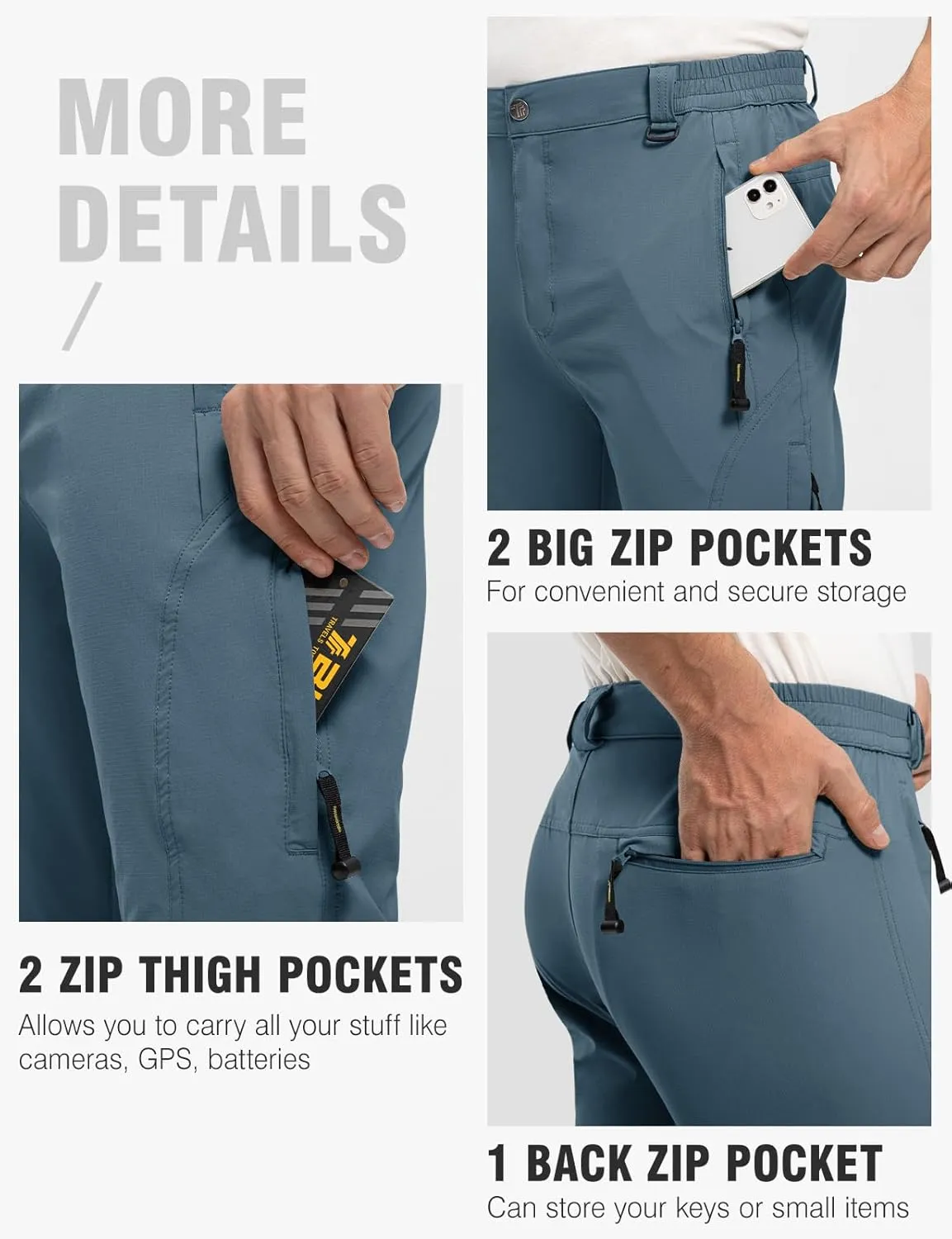 TBMPOY Men's Lightweight Hiking Pants with Belt 5 Zip Pockets Waterproof Quick-Dry Travel Fishing Work Outdoor Pants
