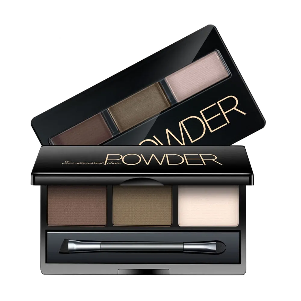 Three-Dimensional Natural 3-Color Face Eyebrow Powder Palette with Double Sided Makeup Brushes Mirror Set