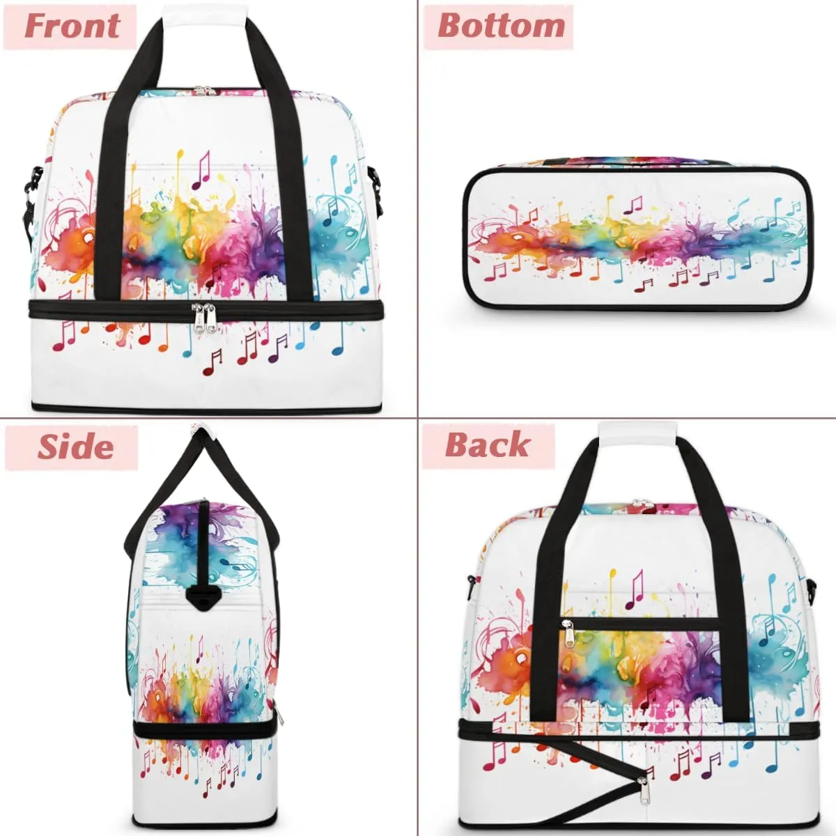 Tie Dye Music Note Print Foldable Travel Duffel Bag Overnight Weekender Bag with Shoes Compartment Sports Gym Bag for Men Women