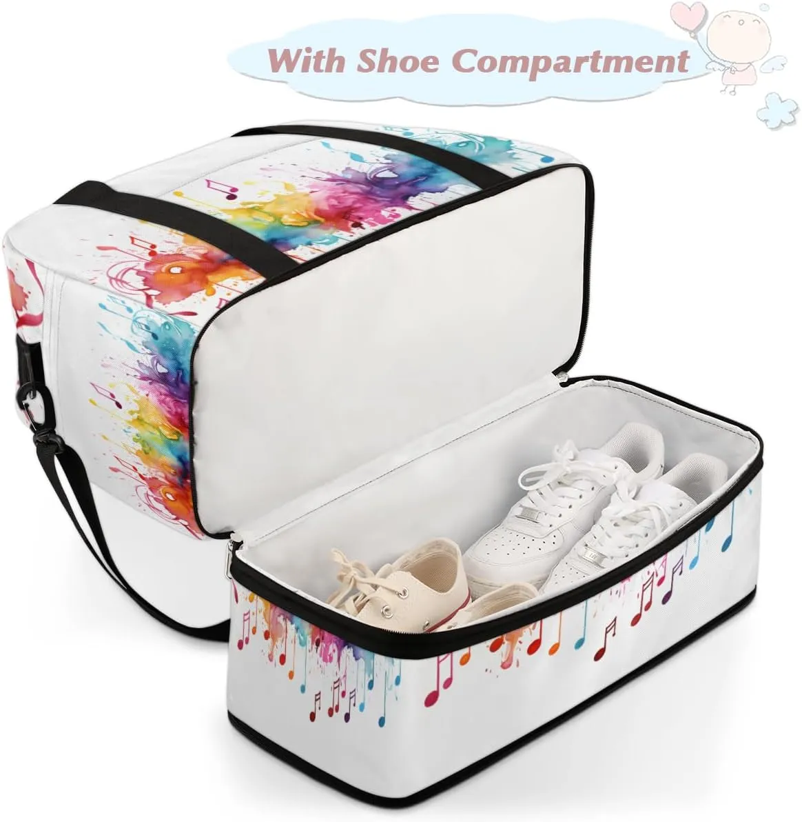 Tie Dye Music Note Print Foldable Travel Duffel Bag Overnight Weekender Bag with Shoes Compartment Sports Gym Bag for Men Women