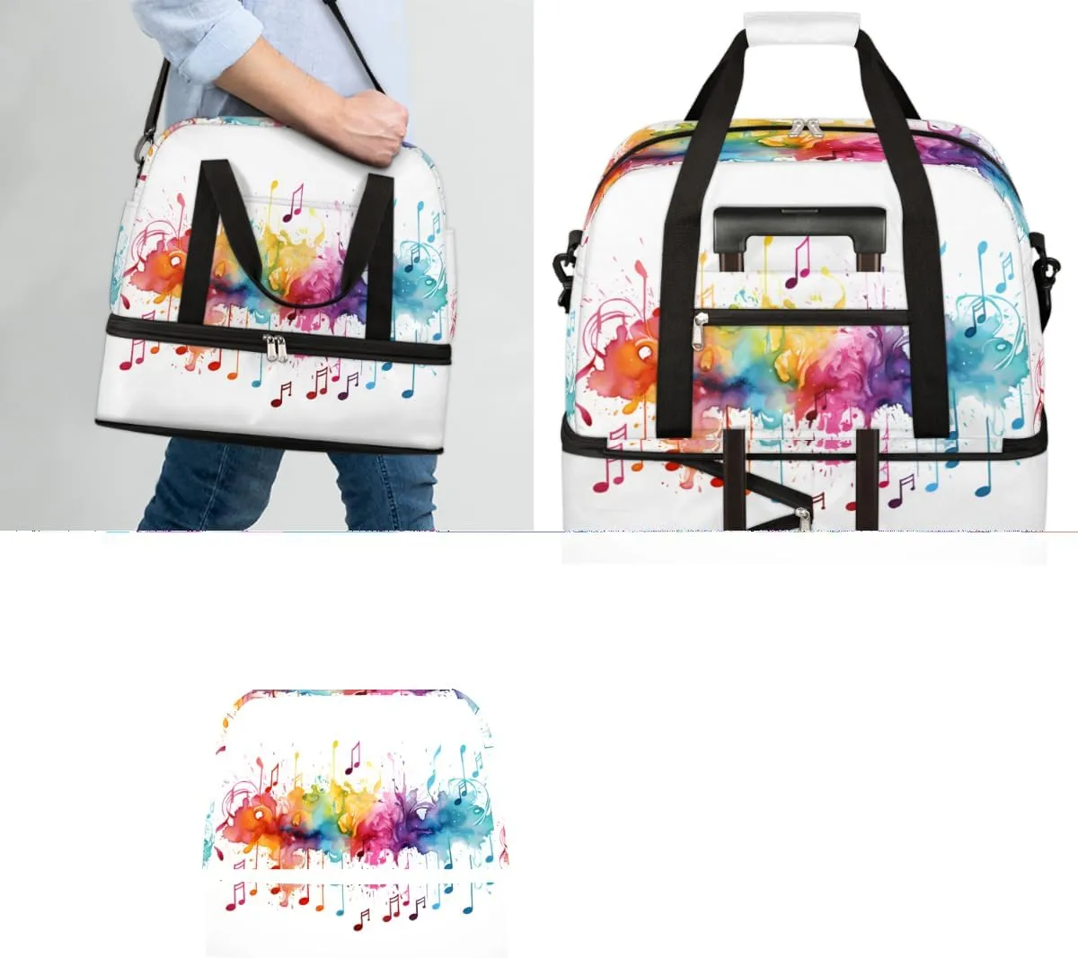 Tie Dye Music Note Print Foldable Travel Duffel Bag Overnight Weekender Bag with Shoes Compartment Sports Gym Bag for Men Women