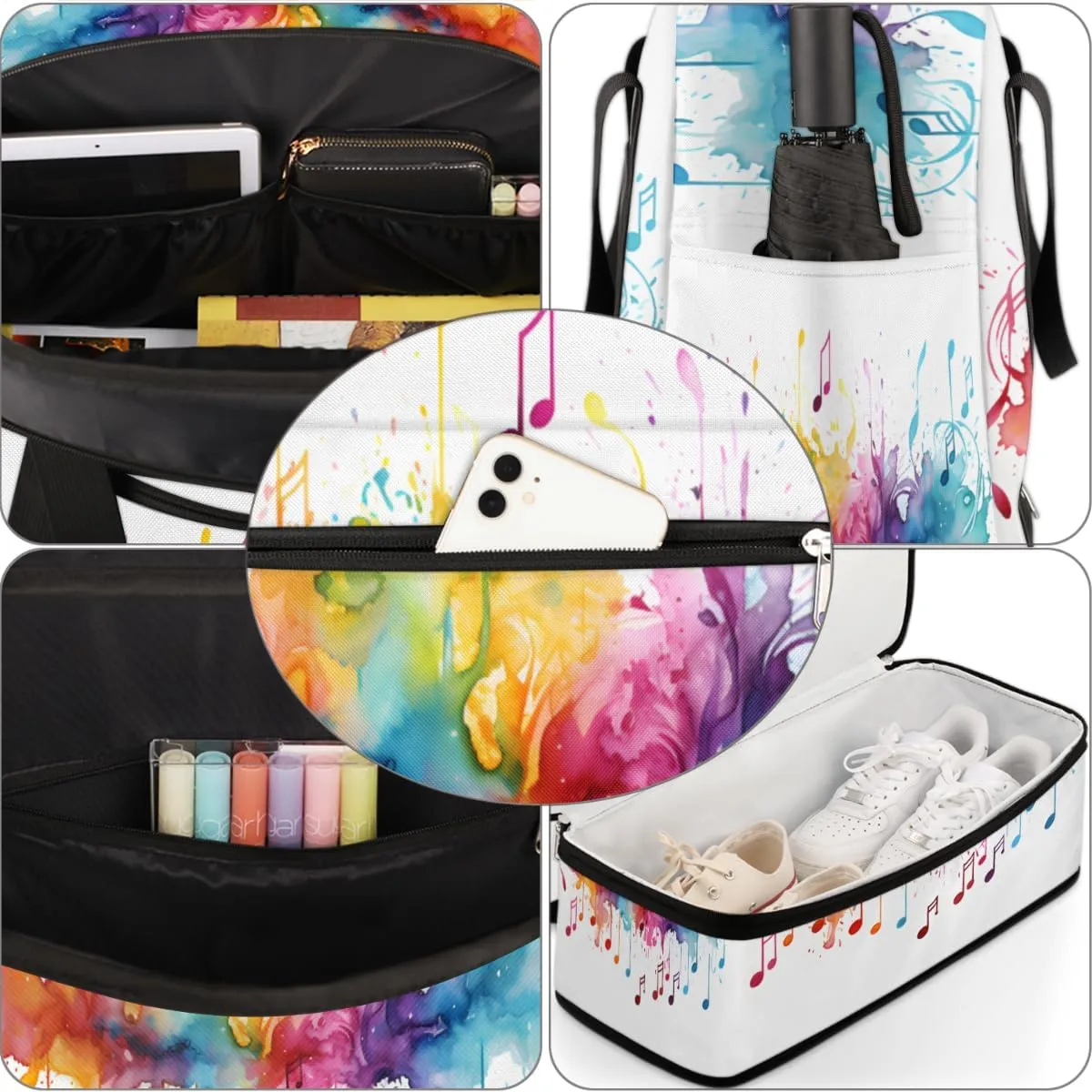 Tie Dye Music Note Print Foldable Travel Duffel Bag Overnight Weekender Bag with Shoes Compartment Sports Gym Bag for Men Women