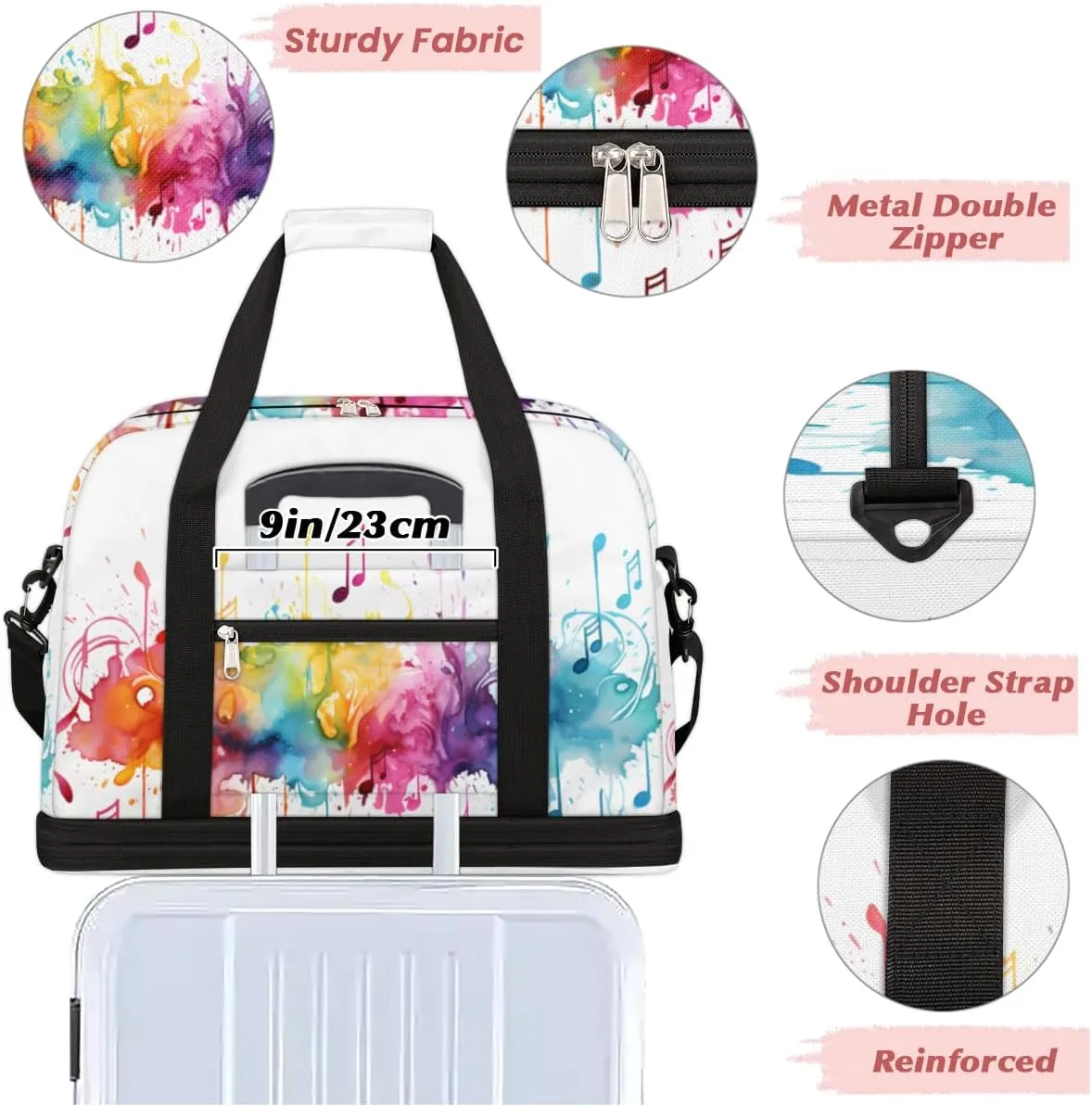Tie Dye Music Note Print Foldable Travel Duffel Bag Overnight Weekender Bag with Shoes Compartment Sports Gym Bag for Men Women