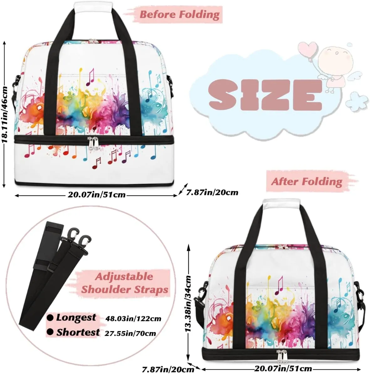 Tie Dye Music Note Print Foldable Travel Duffel Bag Overnight Weekender Bag with Shoes Compartment Sports Gym Bag for Men Women
