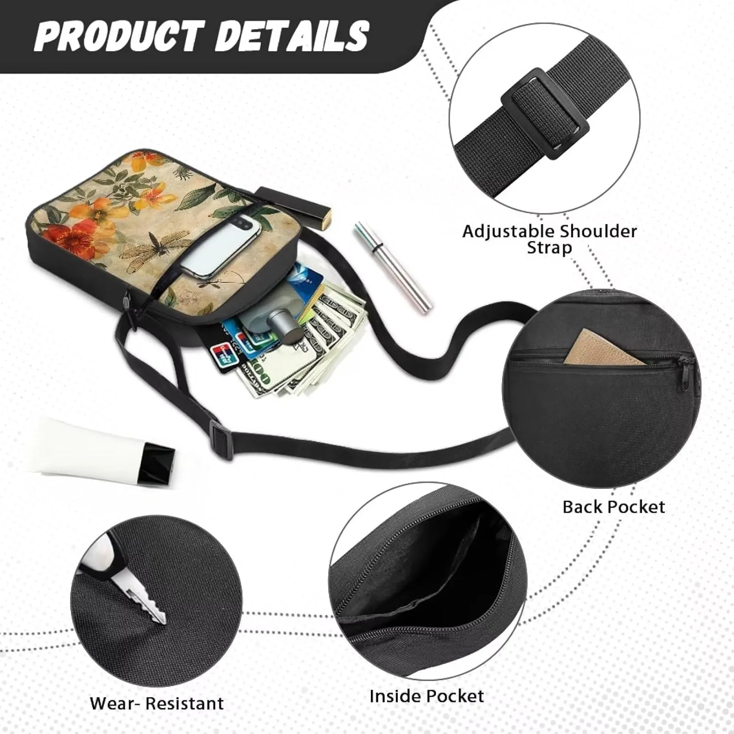 TODIYADDU Messenger Bag for Women Men Mini Shoulder Bag with Adjustable Straps Trendy Crossbody Sling Bag for Cell Phone Keys