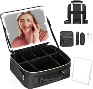 TOPACK Travel Makeup Bag with Detachable Led Mirror and Portable Makeup Train Case Led Bags with Mirror Organizer Bag Travel Gifts for Her Women Bestie Black