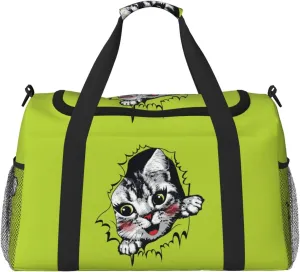 Torn Yellow Paper Happy Cat Face Inside Travel Duffel Bag Personal Item Bag Gym Bag Weekender Overnight Bag Carry On Bag For Airplane Weekender Bags For Women Men pattern58