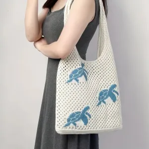 Tote Bag Crochet Beach Sea Turtle - Blue